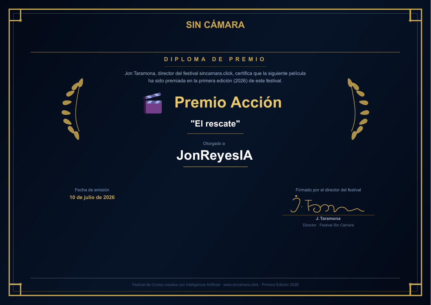 Diploma del Premio Acción otorgado a JonReyesIA por El rescate